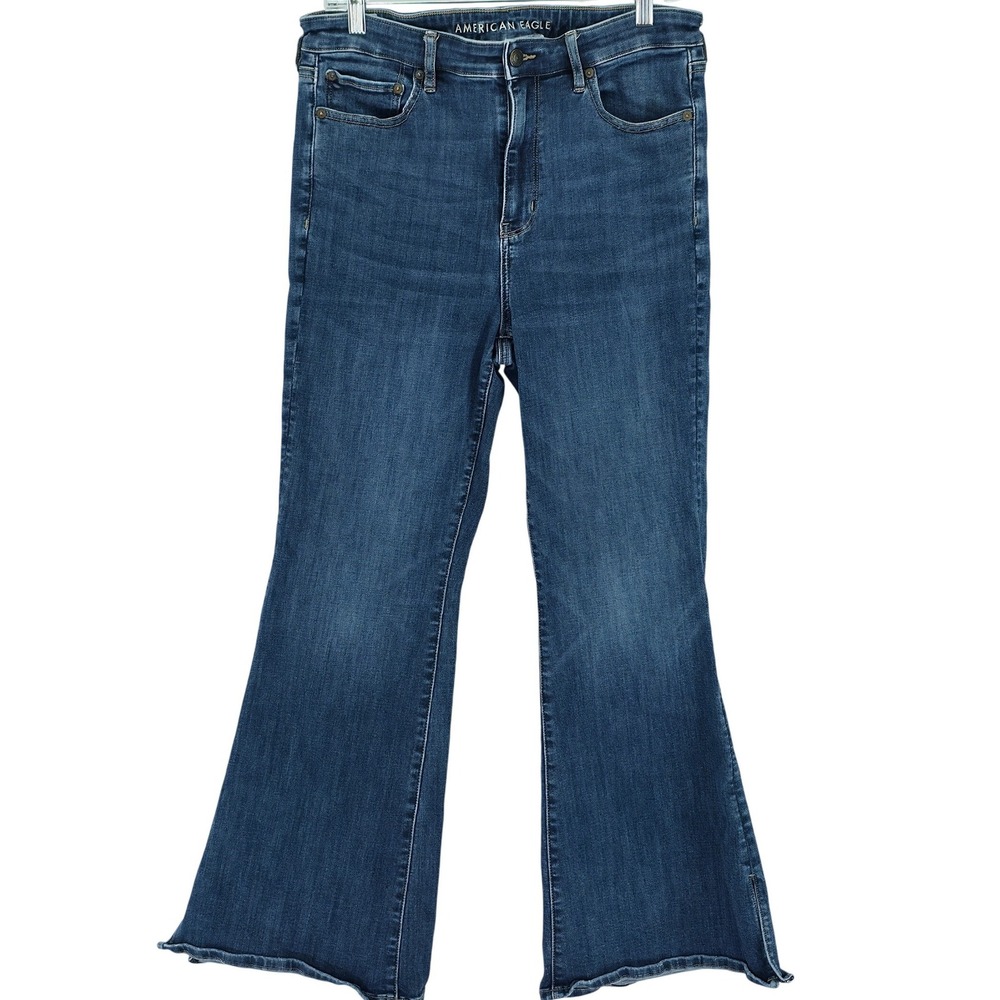 American Eagle Super Hi-Rise Flare Jeans Womens 14 Blue Next Level Stretch Slit